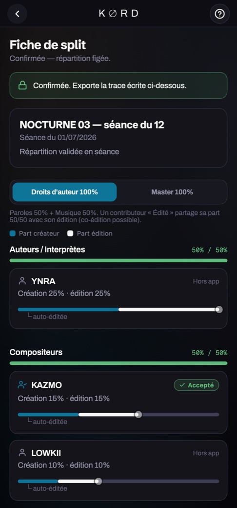 Fiche de split façon SACEM : répartition des droits d'auteur et du master